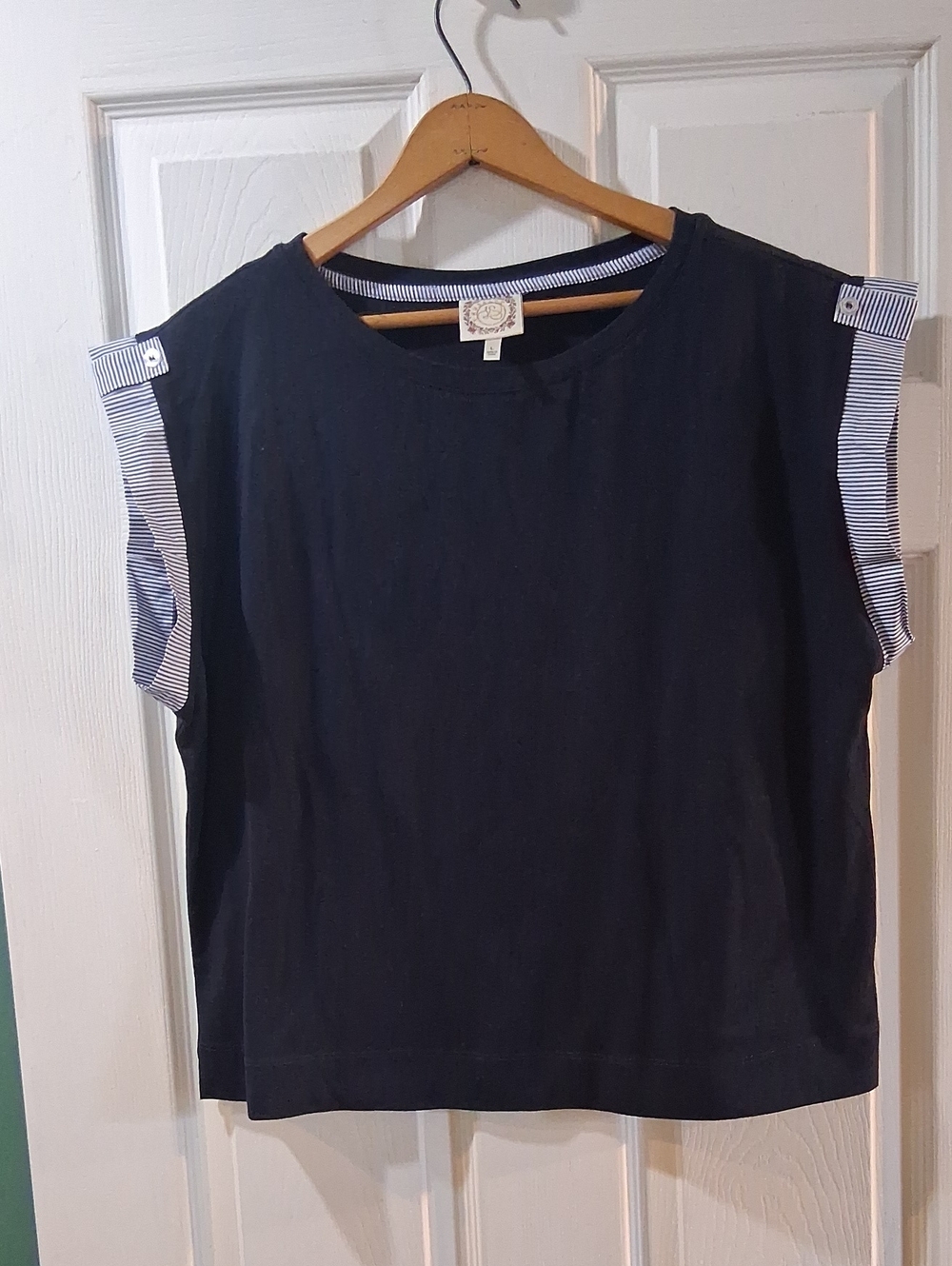 Navy Short Sleeve Tee with Striped Sleeve Tabs
